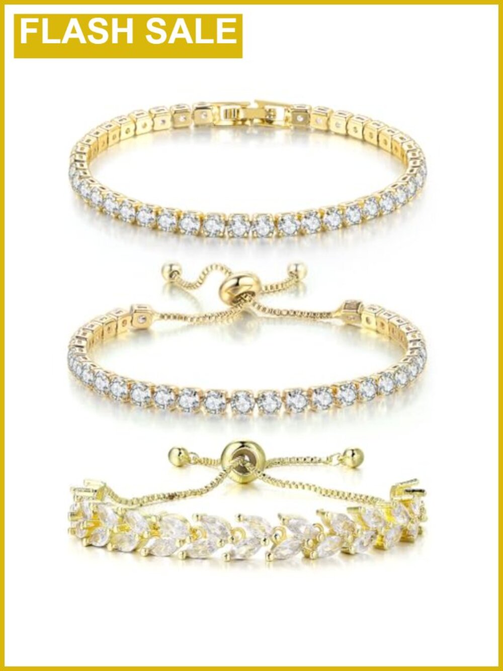 3PC Tennis Bracelet Set Gold Silver Plated Brass Cubic Zirconia Adjustable